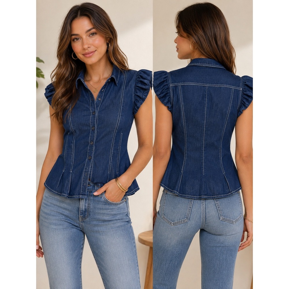 Pilcro Denim Puff Sleeve Shirt Dark Wash Cotton Button Front Top small Medium